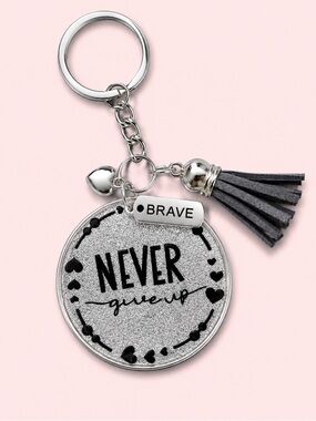 Inspirational 'Never Give Up' Silver Glitter Keychain with Gray Tassel